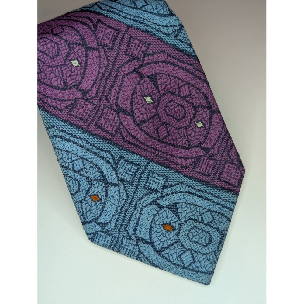 Vintage Mens Geometric Textured Necktie Purple Blue Wide Retro 4 Inch Width